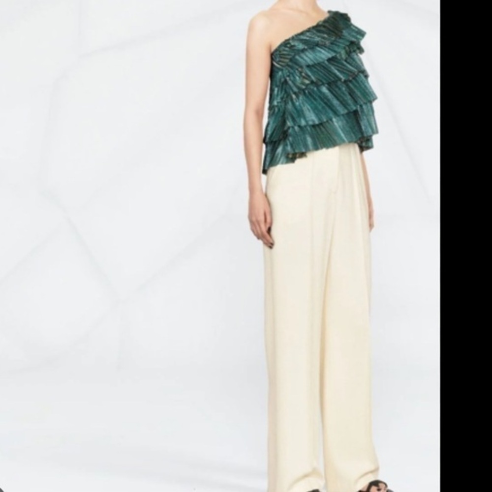 Forte Forte PLEATED LAMINATED TULLE ONE-SHOULDER TOP IN TURQUOISE